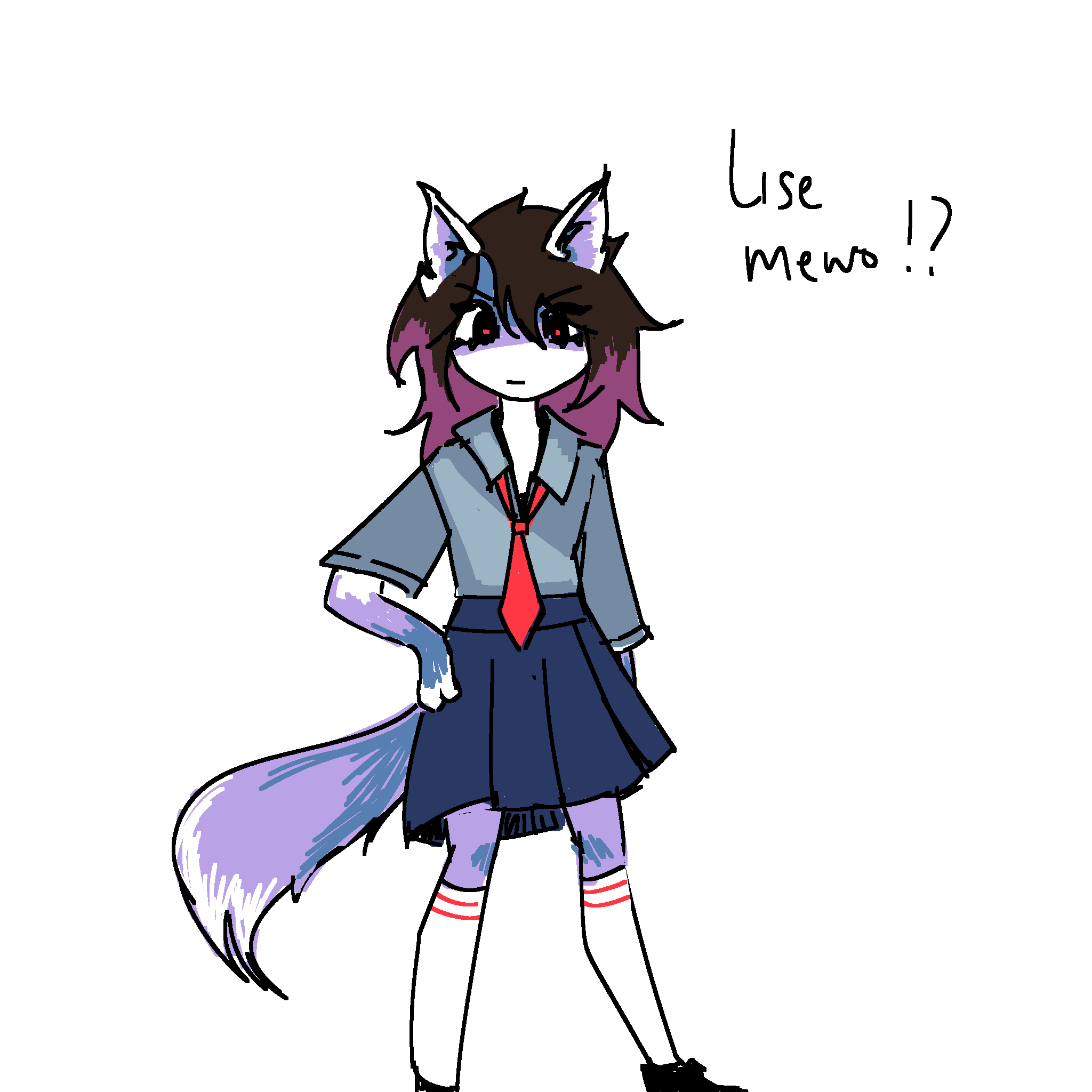 my fursona in a grey button down shirt, a loose red tie, a long navy blue knee length skirt, knee high white socks, and black shoes. she has an arm at her hip, and is in general looking a smidgem mad. there is text on the side that says 'Lise Mewo!?'